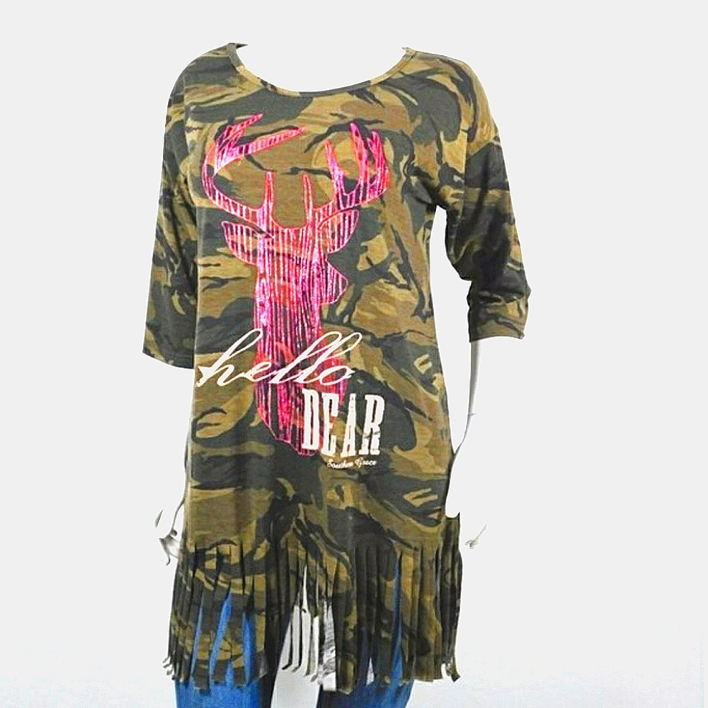 Southern grace camo tunic w/ fringe, pink deer